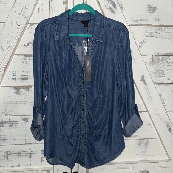 NEW Intro blue chambray Dark Wash preppy Ruched coastal button front top Large - Picture 1 of 8